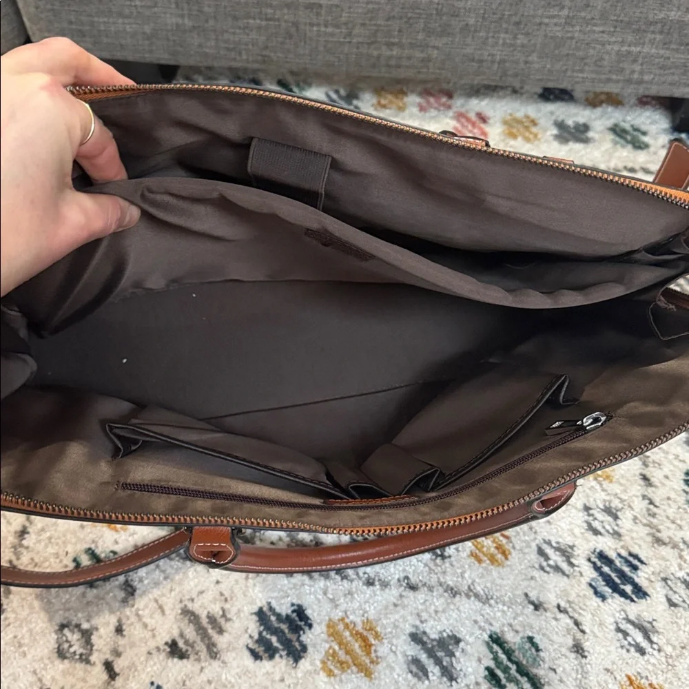 Cluci Leather Briefcase Tote Laptop Bag Brown Cream Work Satchel Structured